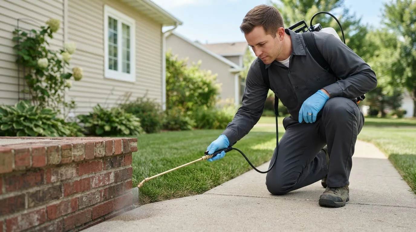 Pest control technician treating a home near Swaledale, IA