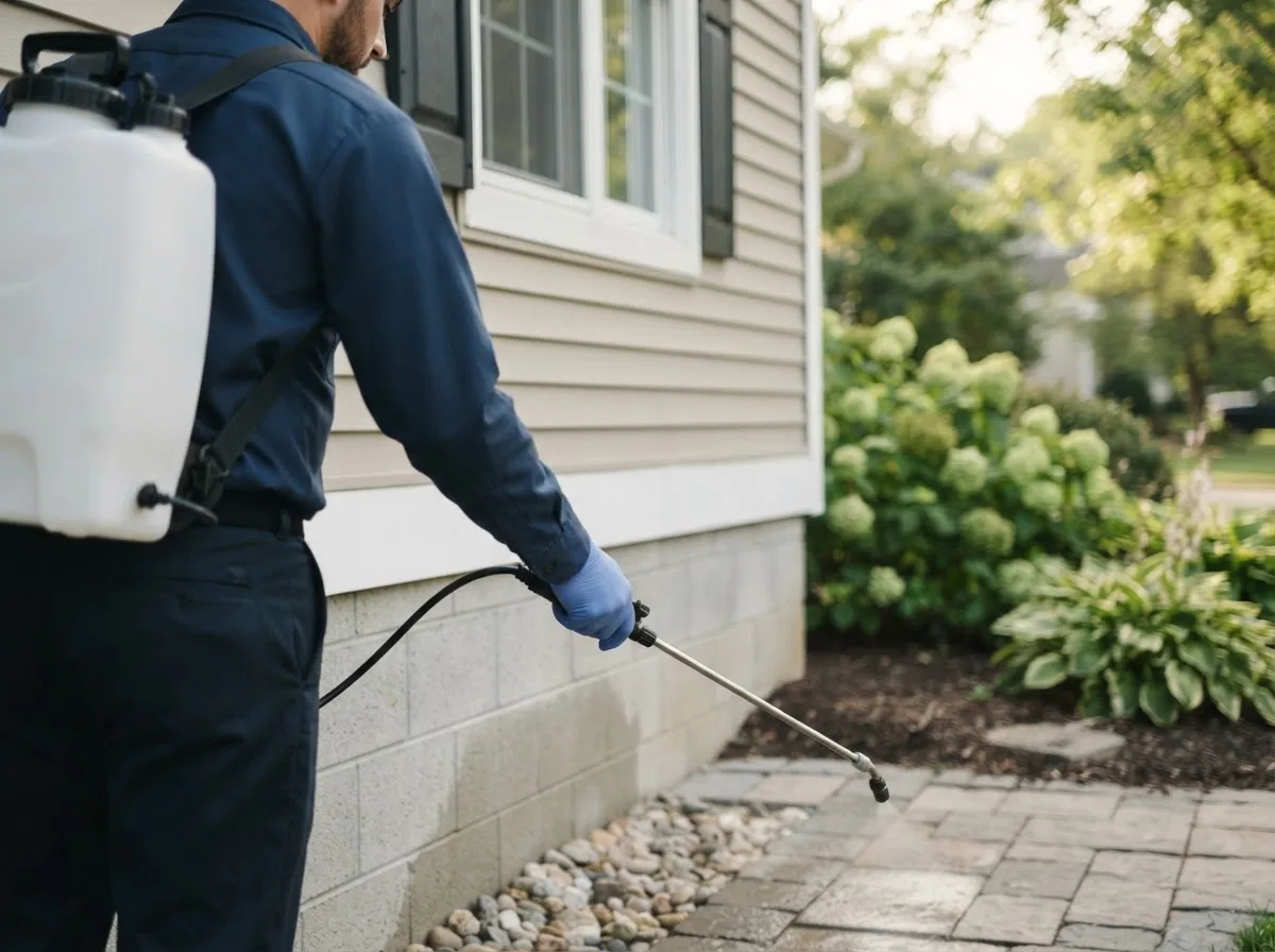 Pest control technician inspecting a home in Swaledale, IA